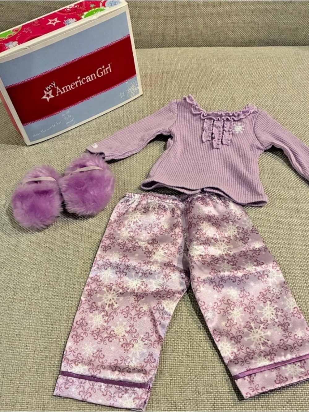 American Girl Purple Snowflake Pajama Set with Slippers and Original Box